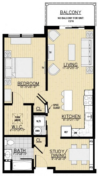 Floor plan for 1 bed, 1 bath, 790 sqft